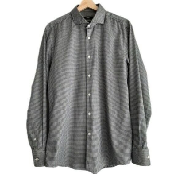 BOSS Jason Slim Fit B&W Checkered Pattern Button Down Shirt Men's Sz 16 1/2 - Picture 1 of 12